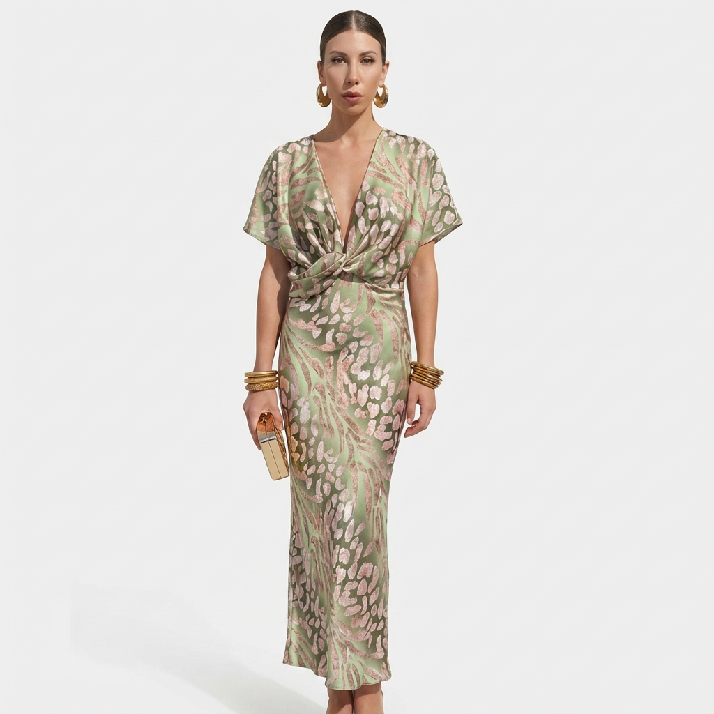 Virginia | Women's Twist Front Green Midi Dress