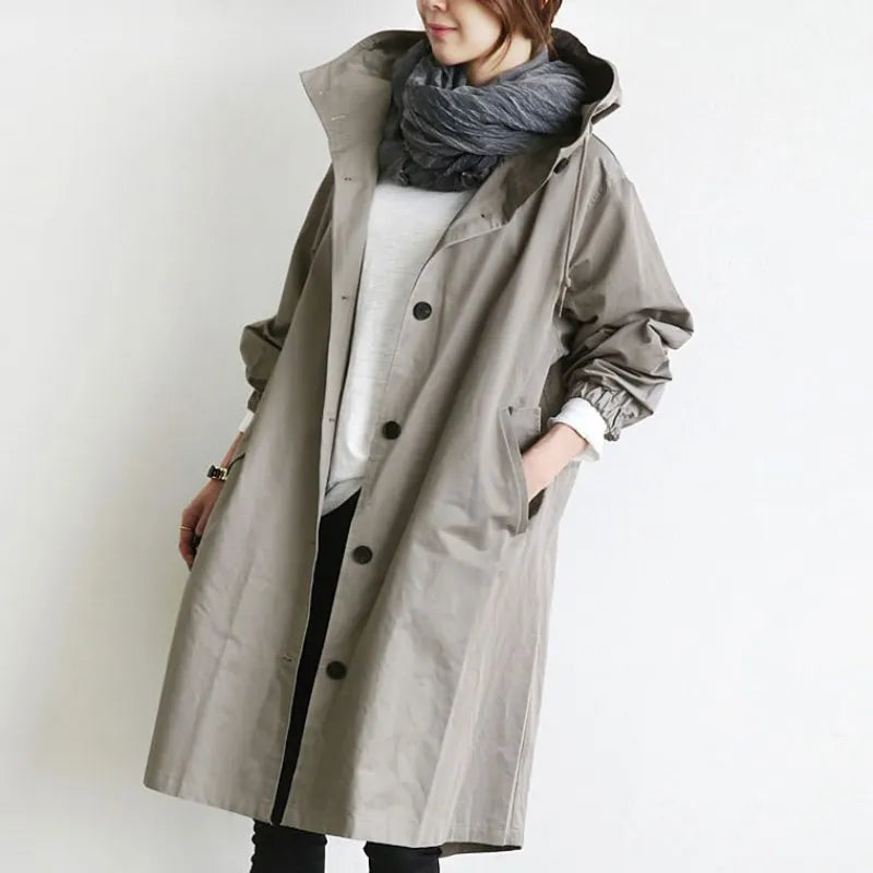 Women’s Long Weatherproof Trench Coat With Hood | Casual Style