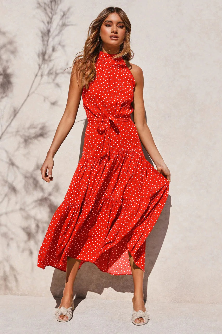 Women's Polka Dot Maxi Dress With Halter Neck And Tie Belt