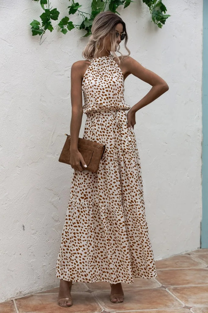 Women's Polka Dot Maxi Dress With Halter Neck And Tie Belt