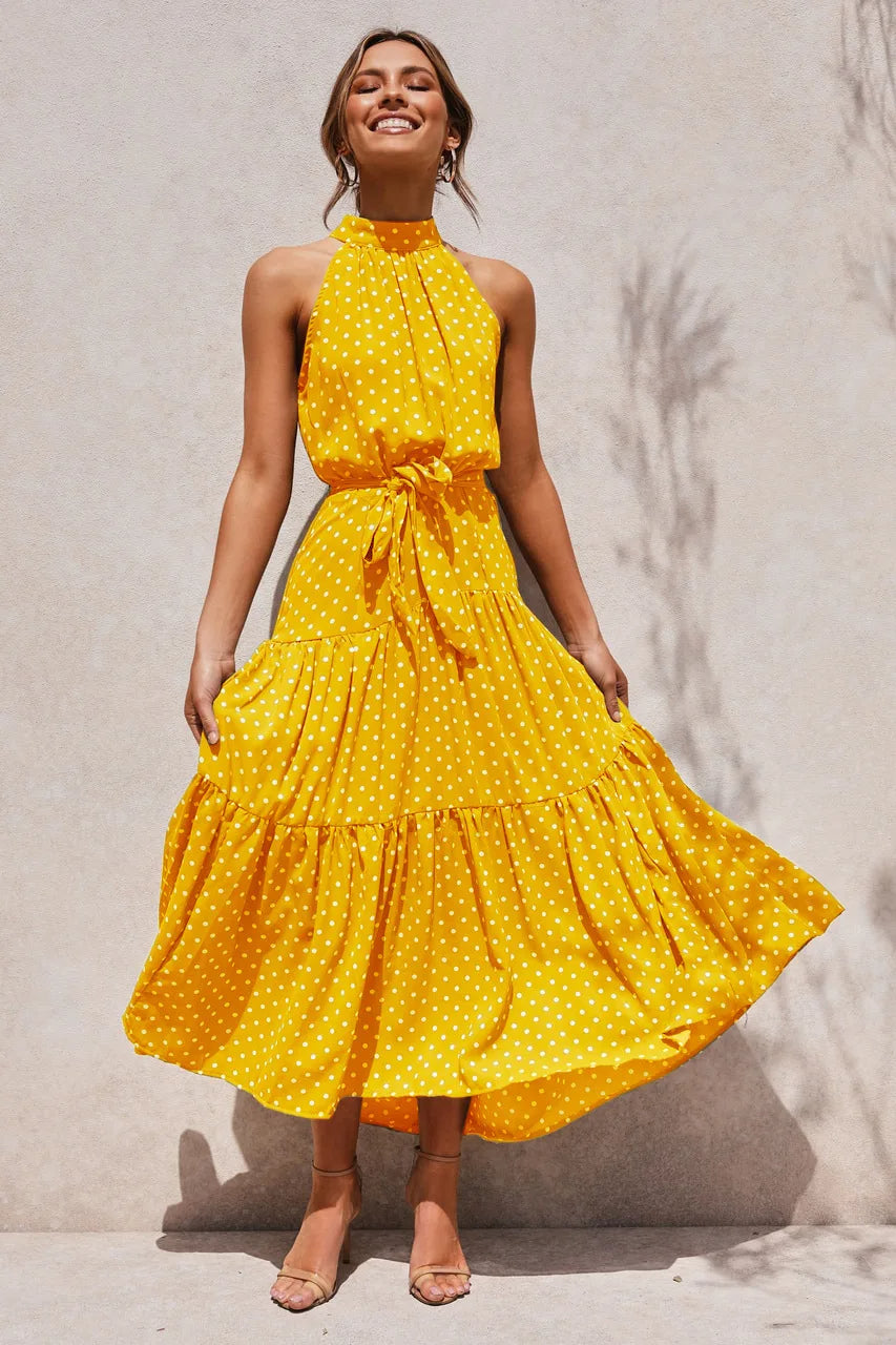 Women's Polka Dot Maxi Dress With Halter Neck And Tie Belt