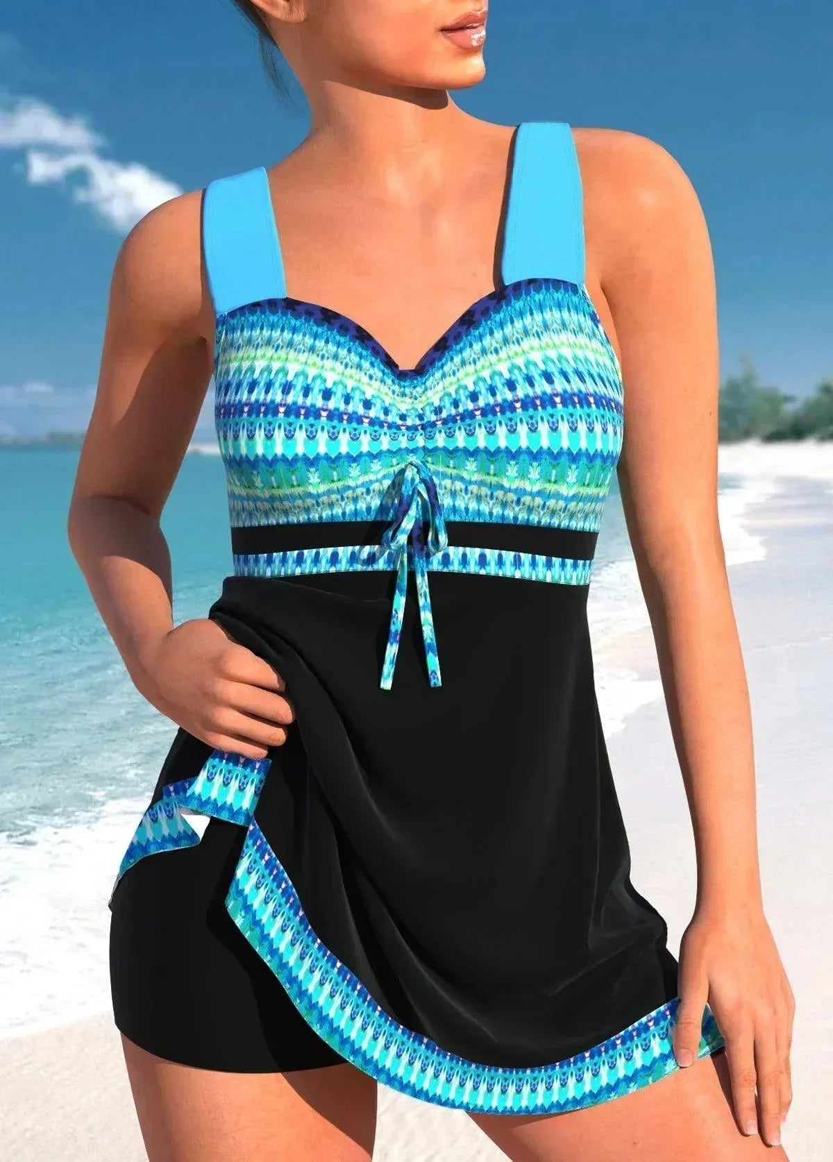 Women's Printed Tankini Swimwear Set With Skirted Bottom
