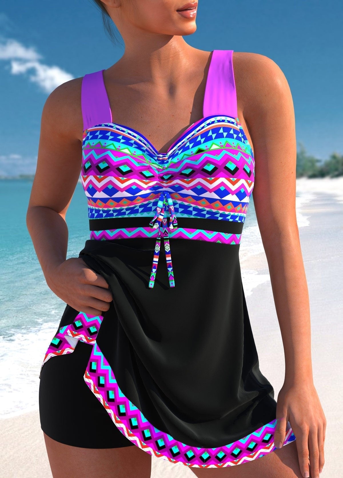 Women's Printed Tankini Swimwear Set With Skirted Bottom