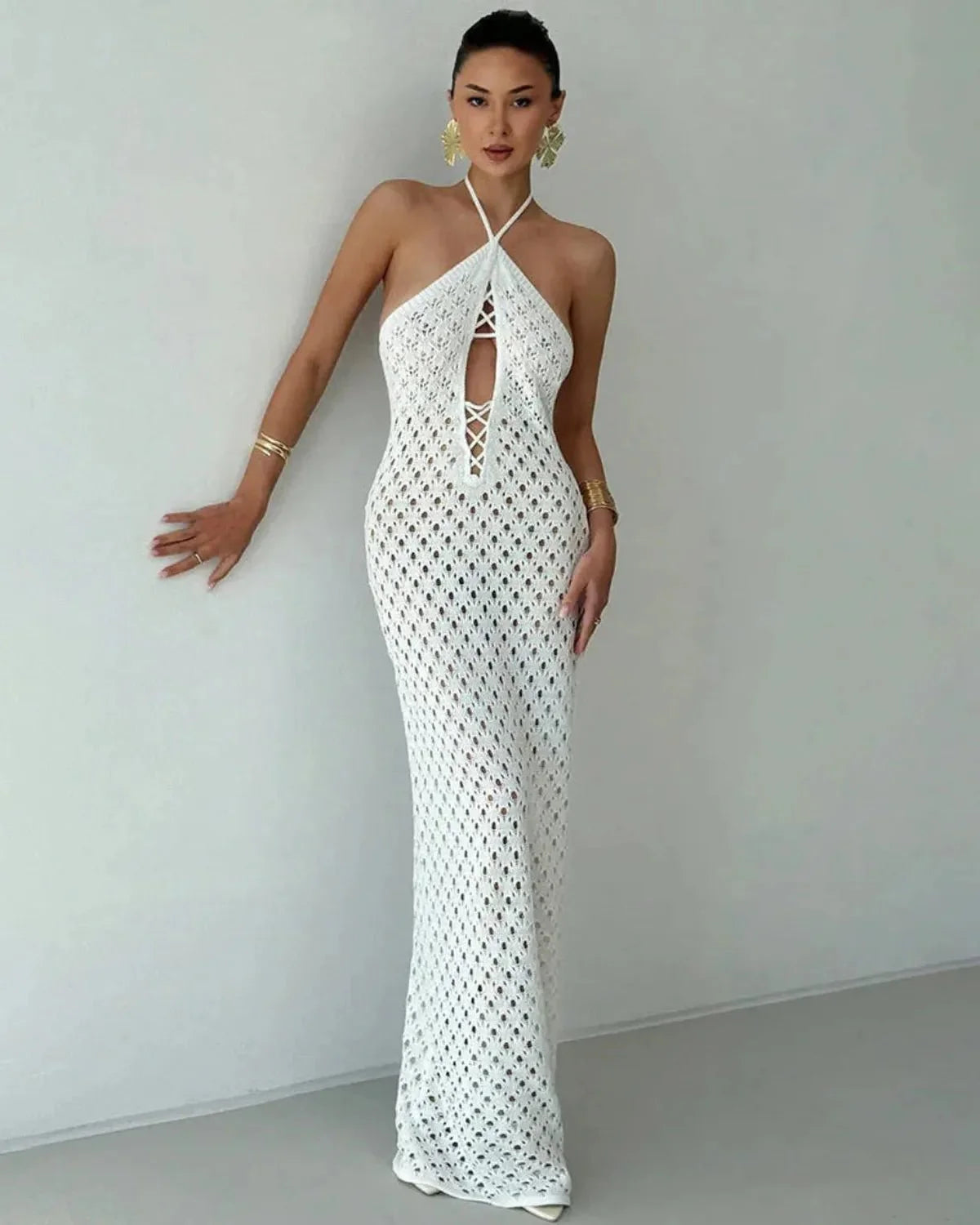 Women's Woven Halterneck Beach Maxi Dress With Front Cut-out