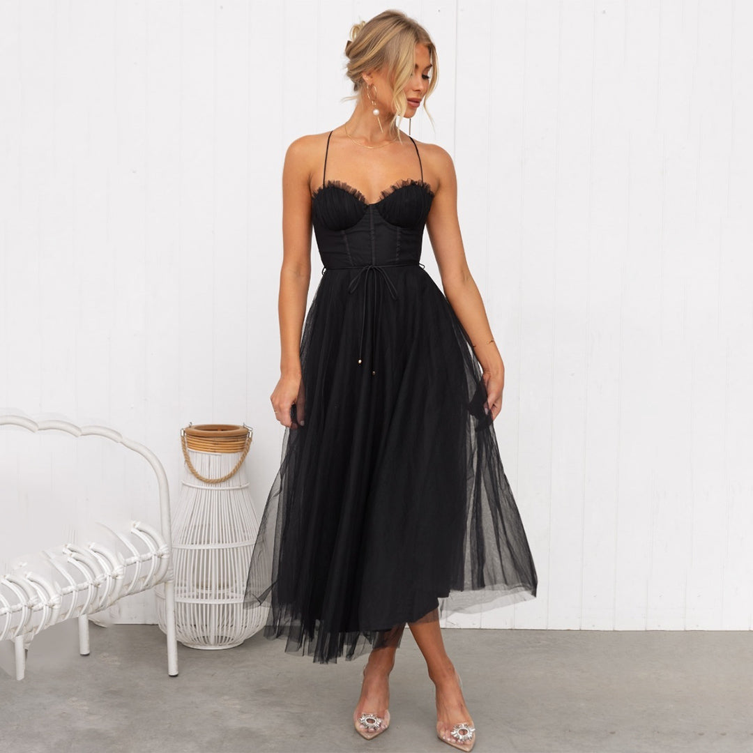 Women's Tulle Midi Dress With Spaghetti Straps And Corset Bodice