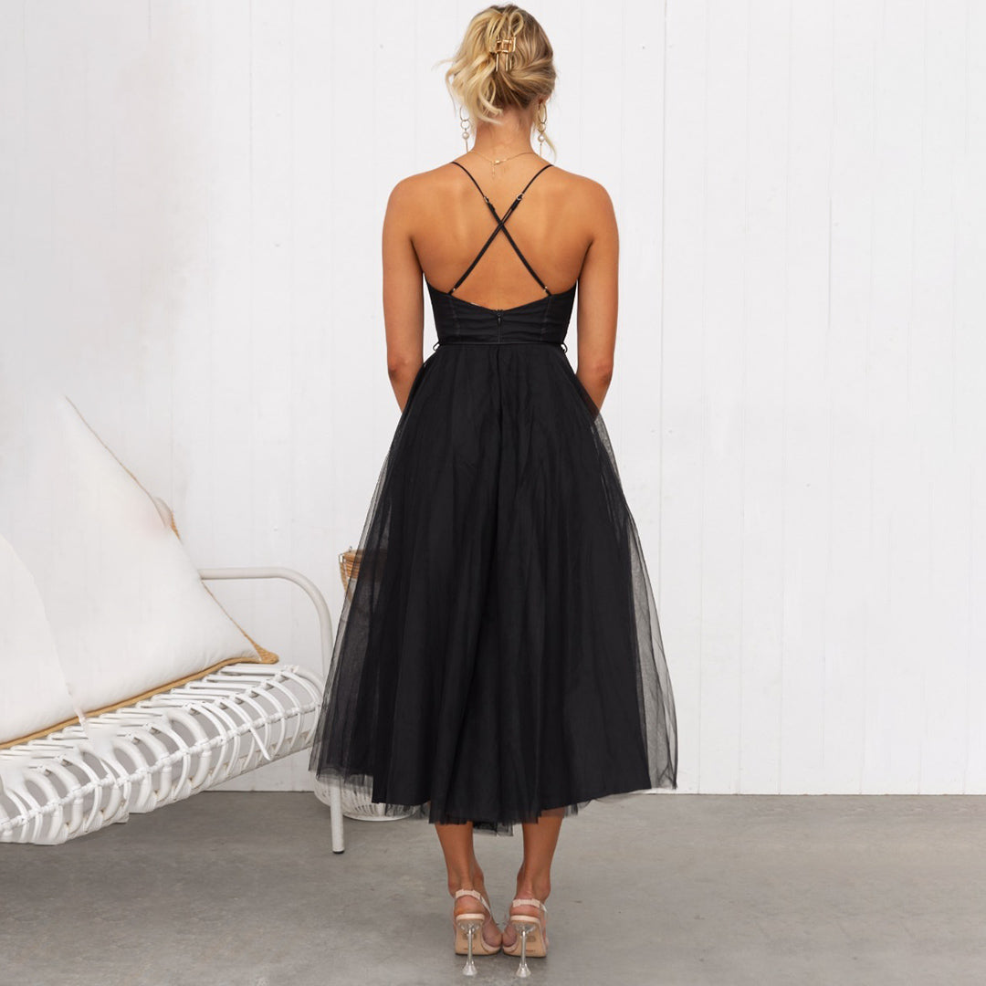 Women's Tulle Midi Dress With Spaghetti Straps And Corset Bodice