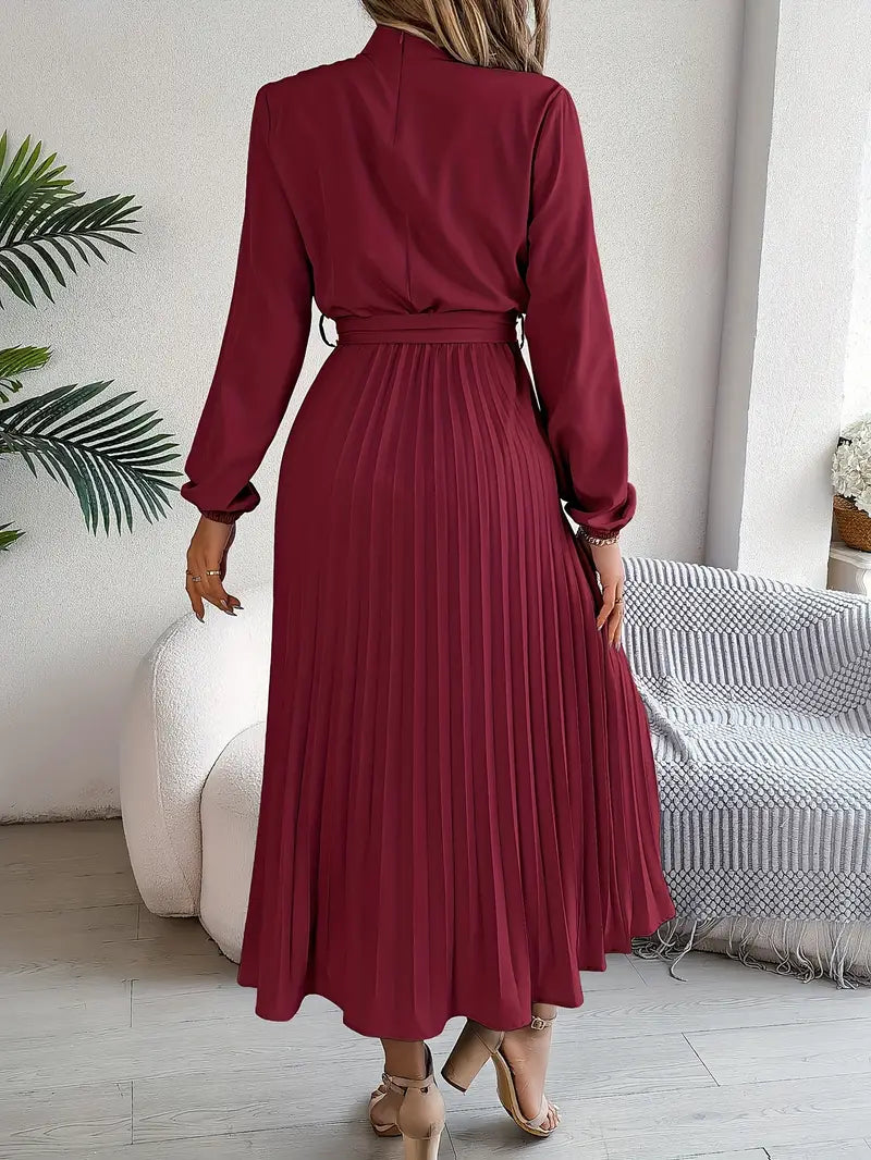 Women's Pleated Midi Dress With Long Sleeves And Belted Waist
