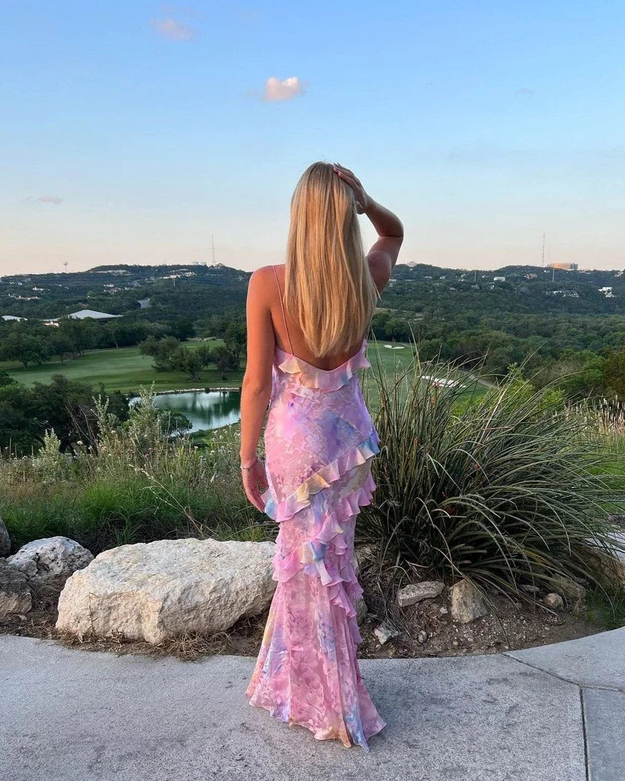 Women's Floral Maxi Dress With Sleeveless Design And Ruffled Tiers