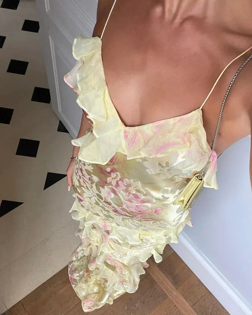 Women's Floral Maxi Dress With Sleeveless Design And Ruffled Tiers