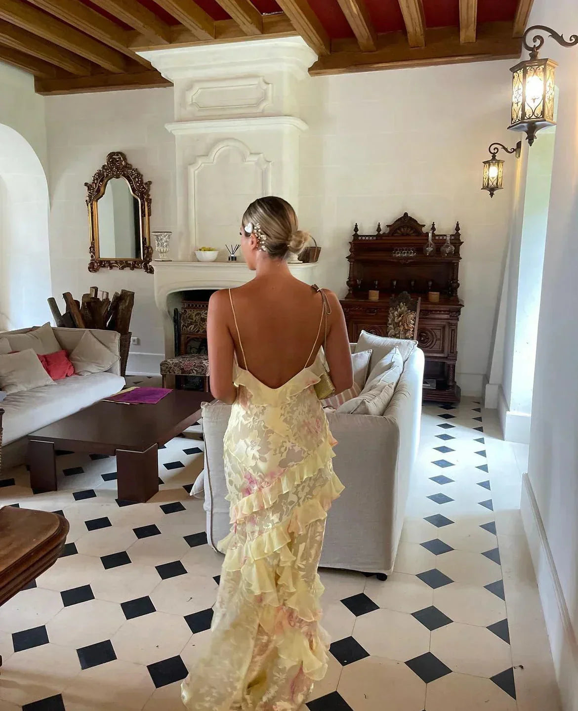 Women's Floral Maxi Dress With Sleeveless Design And Ruffled Tiers