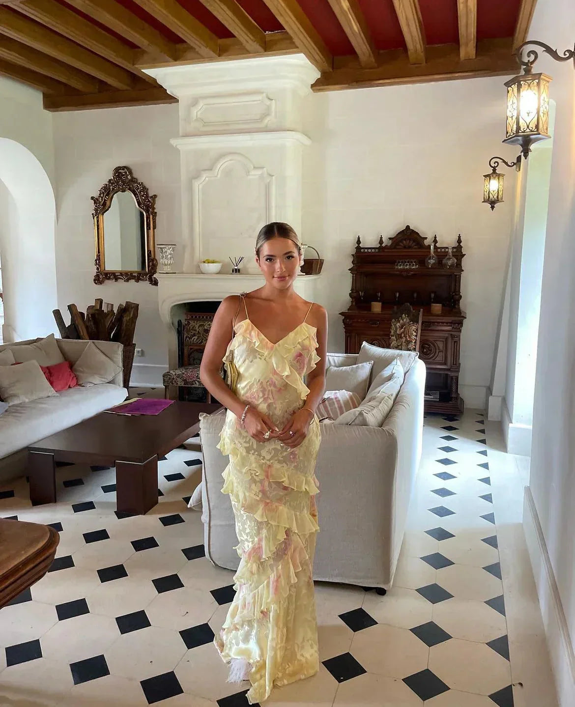 Women's Floral Maxi Dress With Sleeveless Design And Ruffled Tiers