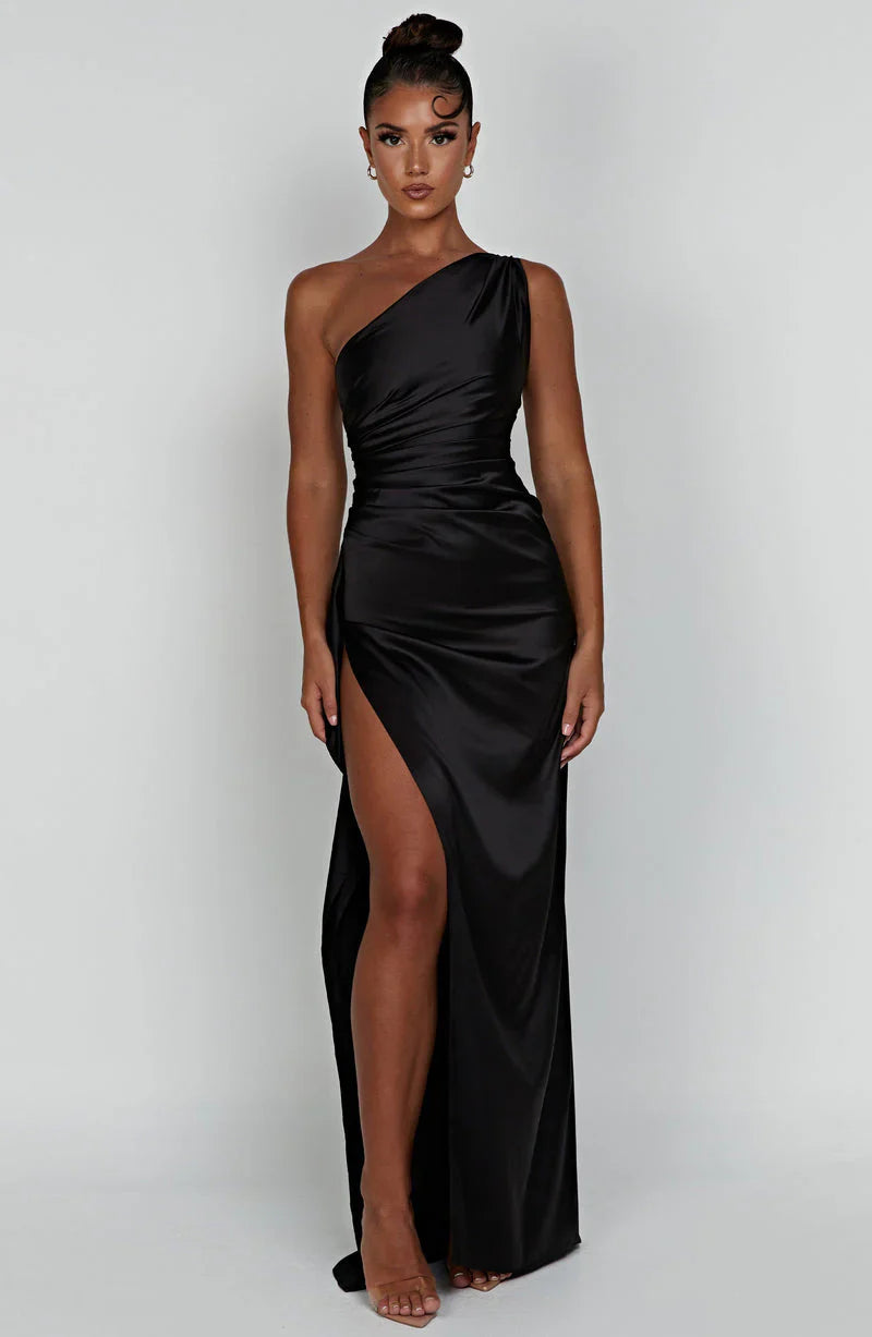 ONE SHOULDER SATIN WEDDING GUEST MAXI DRESS WITH SPLIT