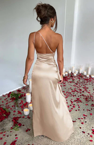 SATIN MAXI DRESS WITH ASYMMETRIC SHOULDER