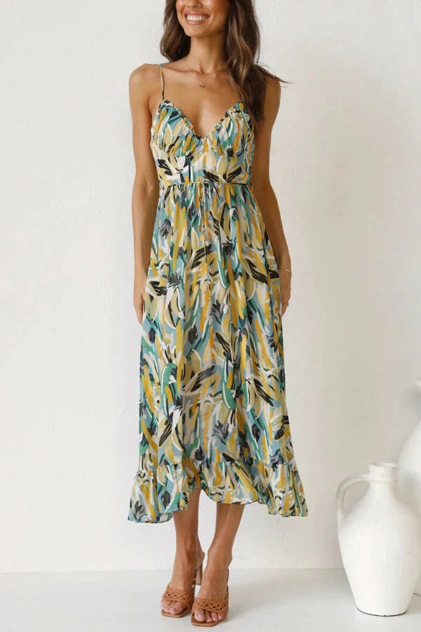 WOMEN'S MIDI SUMMER DRESS – LIGHTWEIGHT CHIFFON, RELAXED FIT, V-NECK WITH PRINT