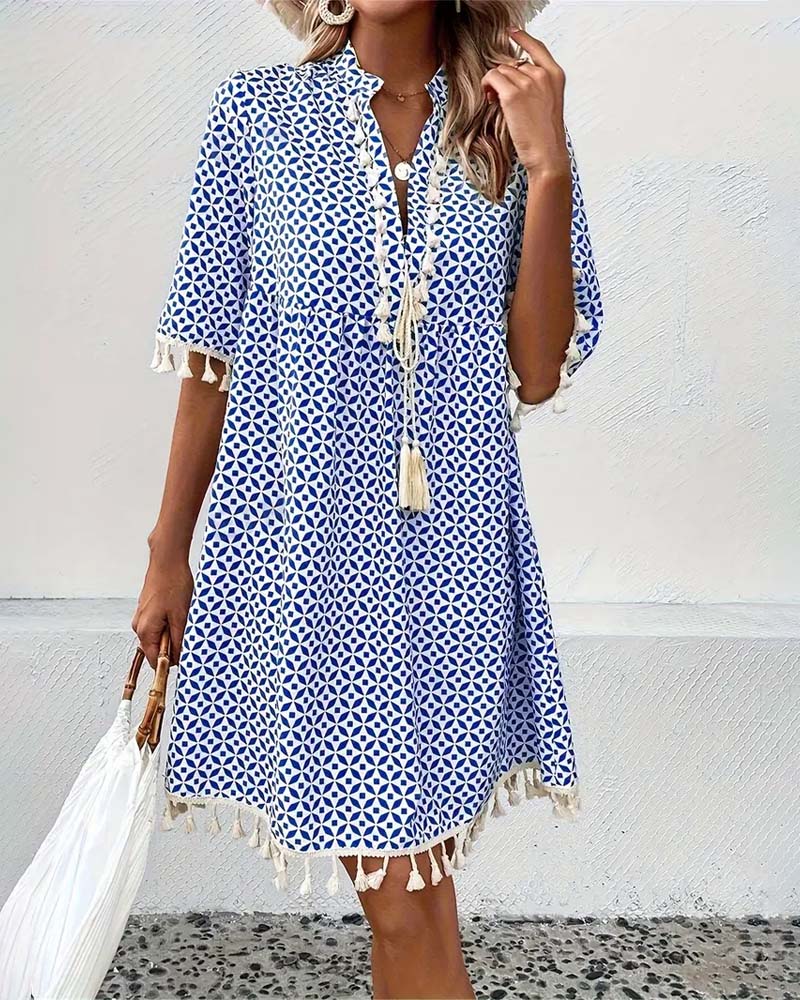 Women's Summer Printed Mini Dress with Tassels & Short Sleeves