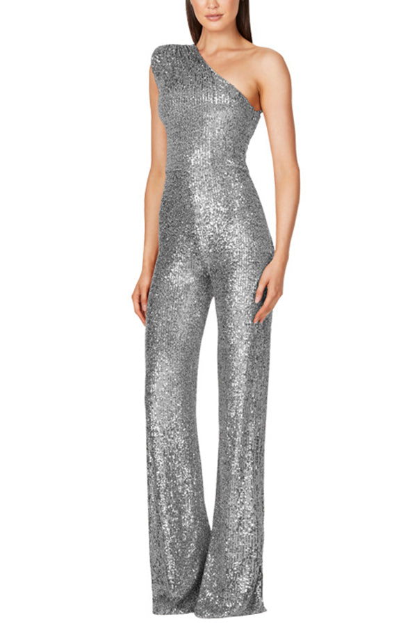 WOMEN'S SEQUIN ONE SHOULDER JUMPSUIT WITH WIDE LEG