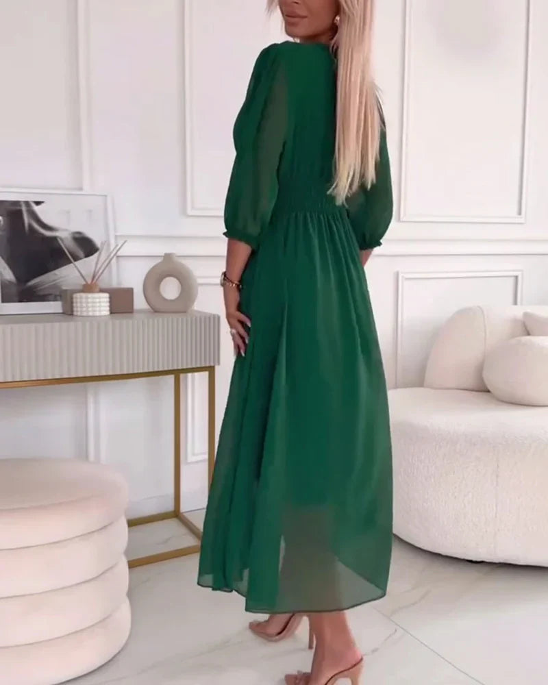 Women's Summer Midi Dress With V-neck & Puff Sleeves