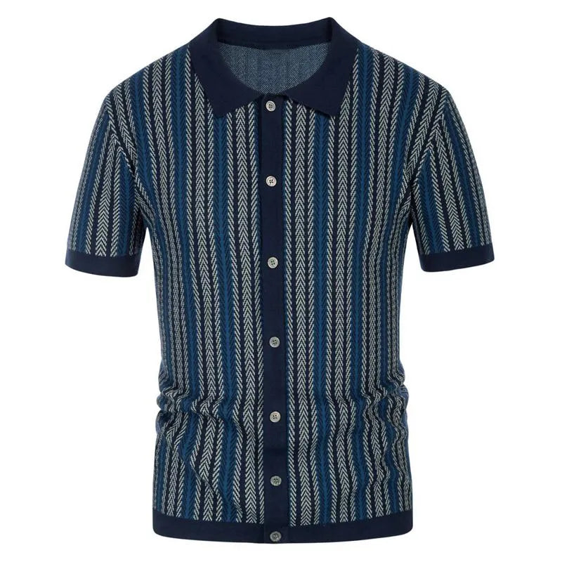 Men's Retro Patterned Button-down Polo Shirt With Short Sleeves