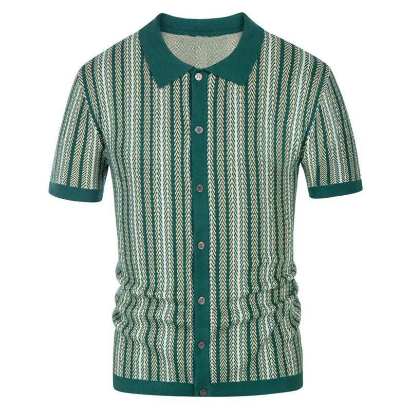 Men's Retro Patterned Button-down Polo Shirt With Short Sleeves