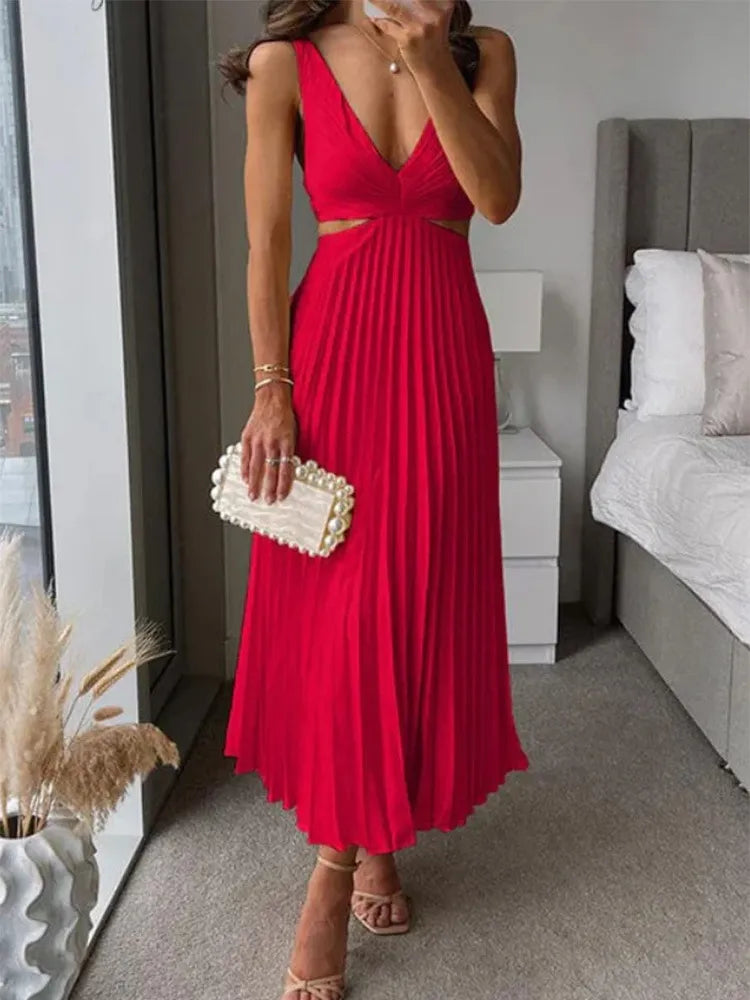 Women's Elegant Pleated Midi Dress With V-neck