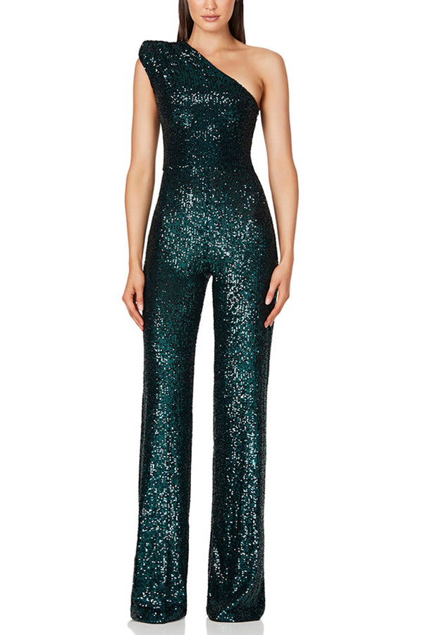 WOMEN'S SEQUIN ONE SHOULDER JUMPSUIT WITH WIDE LEG