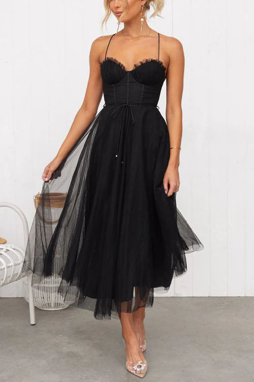 Women's Corset Midi Dress With Tulle Skirt & Spaghetti Straps