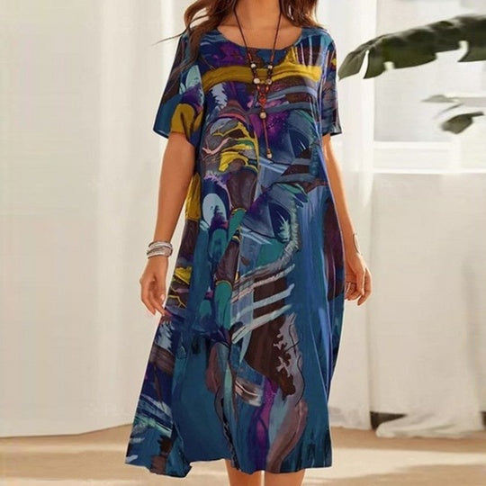 Women's Boho Summer Maxi Dress With Short Sleeves And Round Neckline