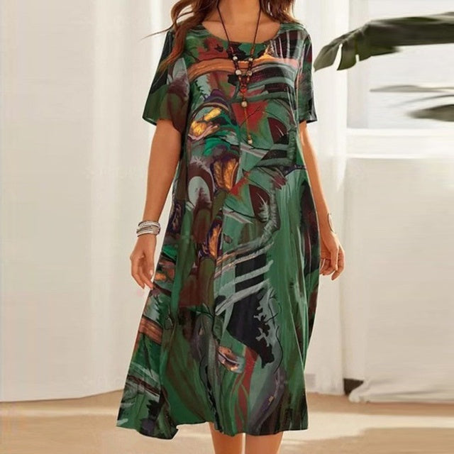 Women's Boho Summer Maxi Dress With Short Sleeves And Round Neckline