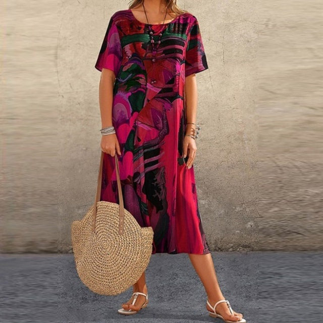Women's Boho Summer Maxi Dress With Short Sleeves And Round Neckline
