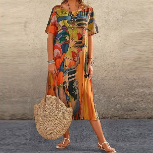 Women's Boho Summer Maxi Dress With Short Sleeves And Round Neckline