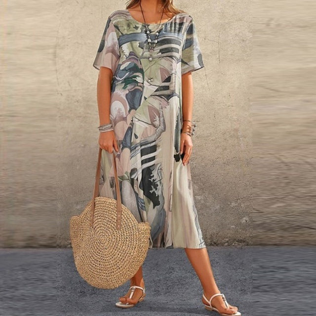 Women's Boho Summer Maxi Dress With Short Sleeves And Round Neckline