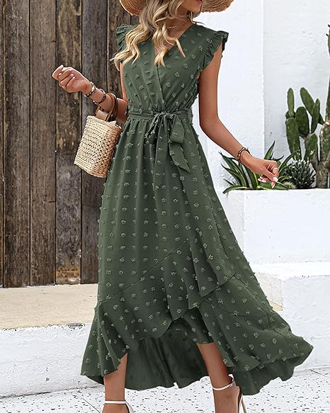 Women's Sleeveless Ruffled Maxi Pleated Dress With Waist Tie