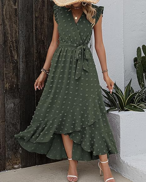Women's Sleeveless Ruffled Maxi Pleated Dress With Waist Tie