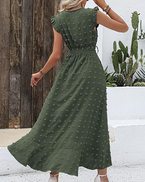 Women's Sleeveless Ruffled Maxi Pleated Dress With Waist Tie