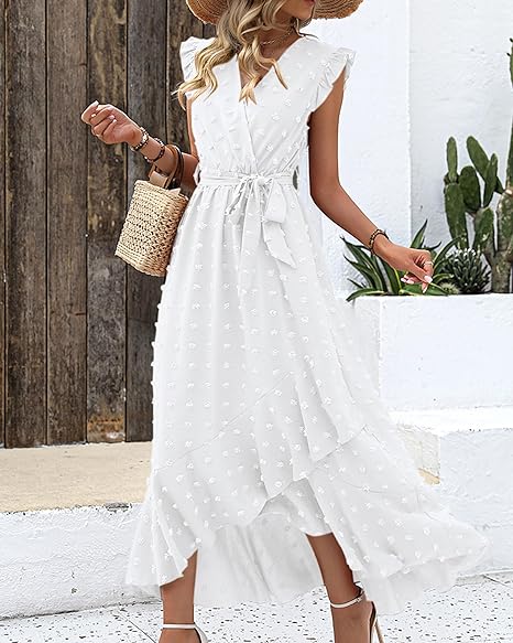 Women's Sleeveless Ruffled Maxi Pleated Dress With Waist Tie