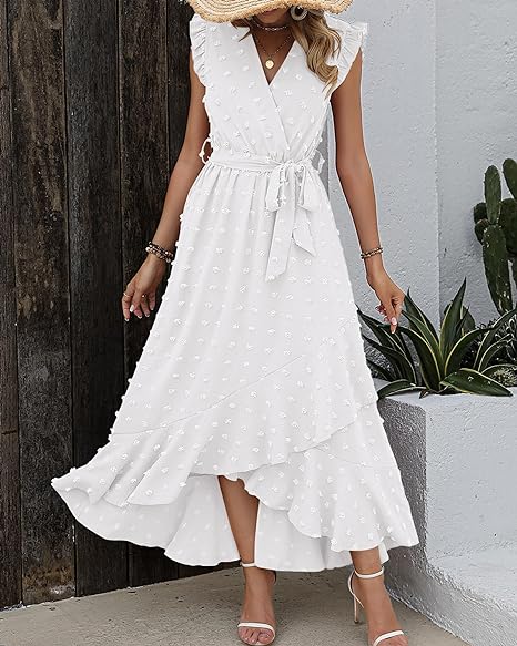 Women's Sleeveless Ruffled Maxi Pleated Dress With Waist Tie