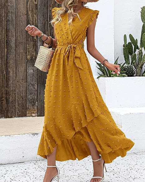 Women's Sleeveless Ruffled Maxi Pleated Dress With Waist Tie