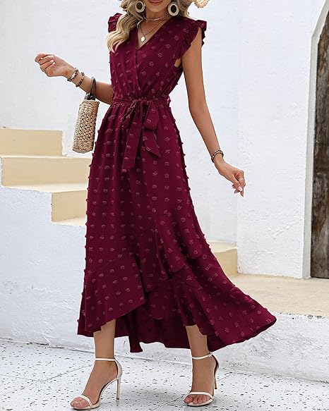 Women's Sleeveless Ruffled Maxi Pleated Dress With Waist Tie
