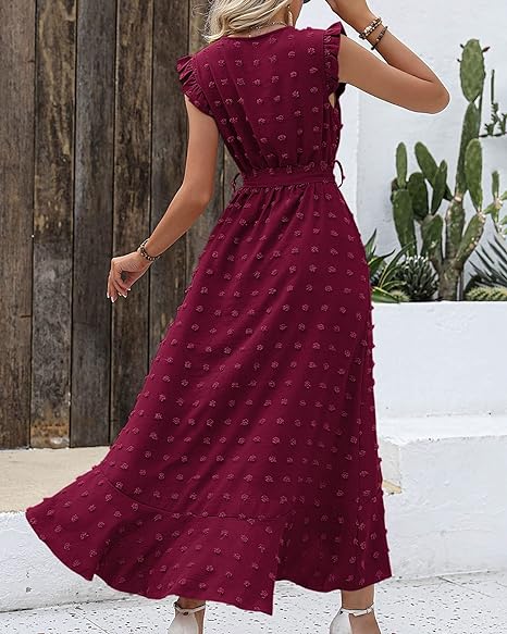 Women's Sleeveless Ruffled Maxi Pleated Dress With Waist Tie