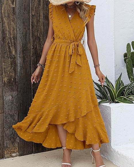 Women's Sleeveless Ruffled Maxi Pleated Dress With Waist Tie