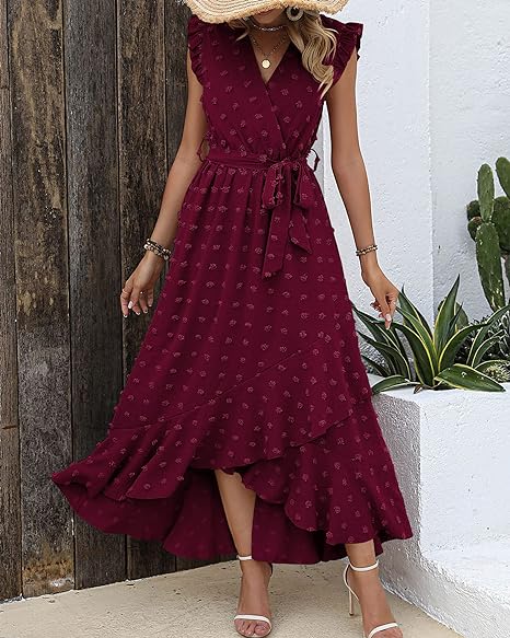 Women's Sleeveless Ruffled Maxi Pleated Dress With Waist Tie