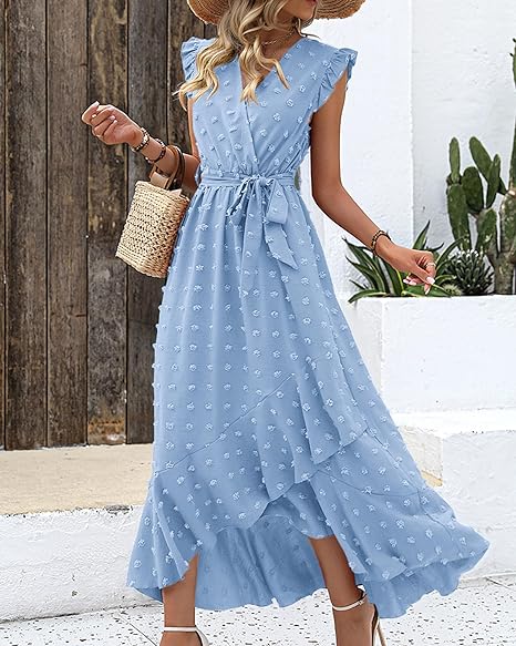 Women's Sleeveless Ruffled Maxi Pleated Dress With Waist Tie