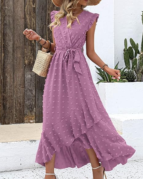 Women's Sleeveless Ruffled Maxi Pleated Dress With Waist Tie