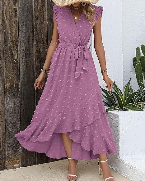 Women's Sleeveless Ruffled Maxi Pleated Dress With Waist Tie