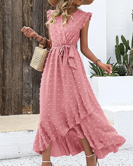 Women's Sleeveless Ruffled Maxi Pleated Dress With Waist Tie