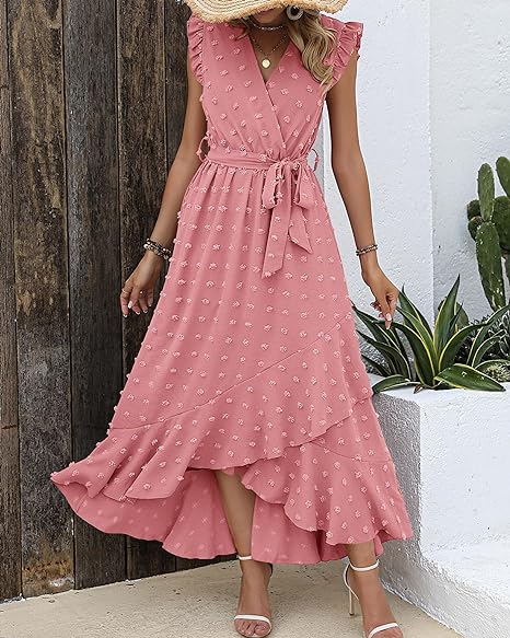 Women's Sleeveless Ruffled Maxi Pleated Dress With Waist Tie