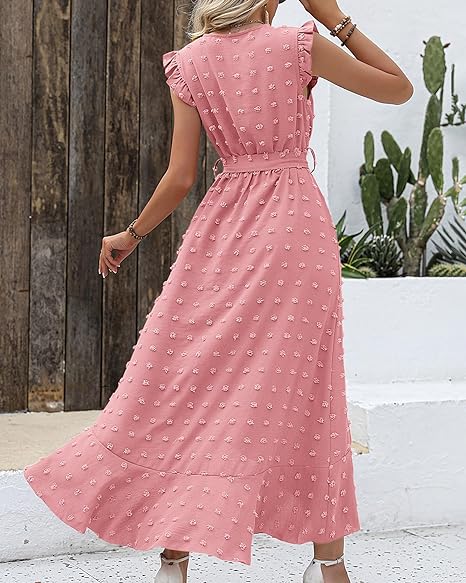 Women's Sleeveless Ruffled Maxi Pleated Dress With Waist Tie