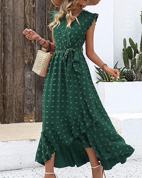 Women's Sleeveless Ruffled Maxi Pleated Dress With Waist Tie