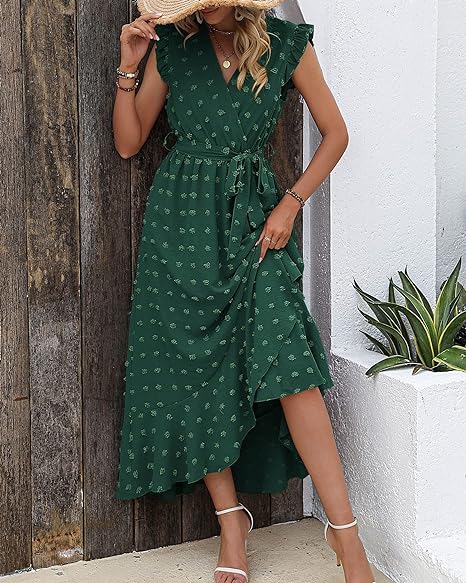 Women's Sleeveless Ruffled Maxi Pleated Dress With Waist Tie