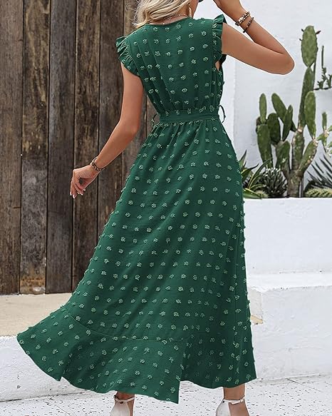 Women's Sleeveless Ruffled Maxi Pleated Dress With Waist Tie